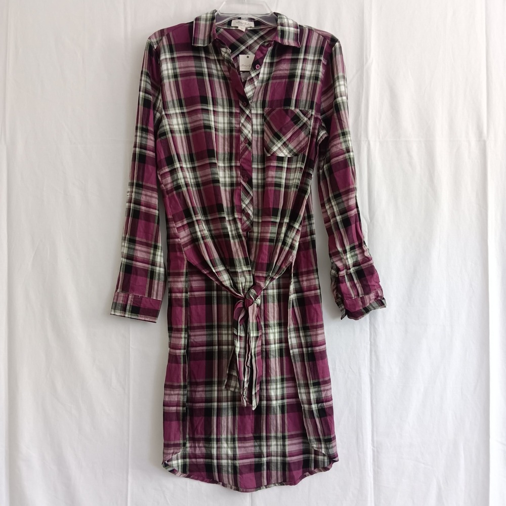Ultra Flirt Hi-Low Shirt Womens Small Purple New Plaid Tie Front Roll Tab Sleeve